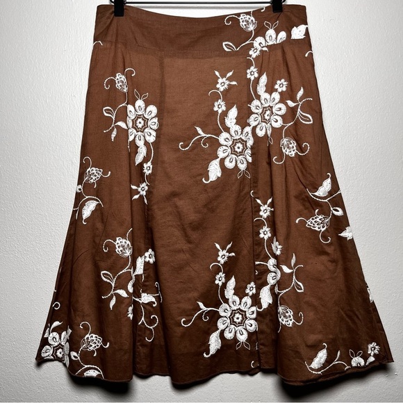 VTG Renee Women Goblincore Skirt Medium Brown Embroidered Midi A-Line‎ Floral - Picture 1 of 6